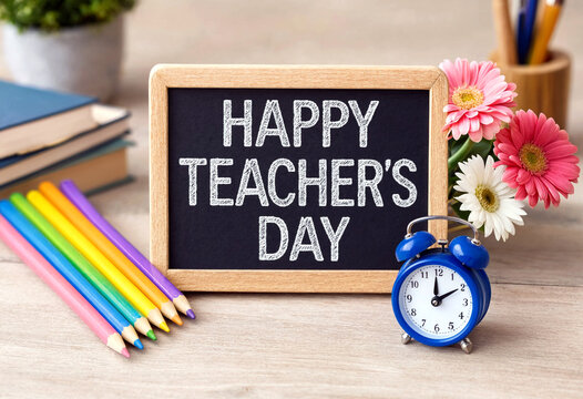 Happy teachers day celebration with chalkboard pencils flowers and alarm clock on desk setup