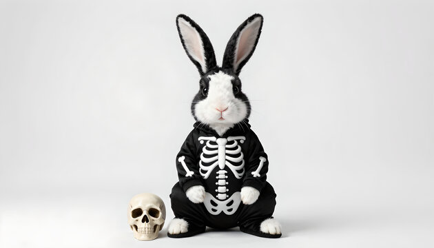 Bunny Rabbit in Skeleton Costume with Skull Prop: Halloween Portrait