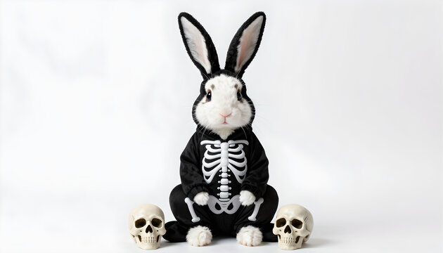 Bunny Rabbit in Skeleton Costume with Skull Props: Halloween Fun