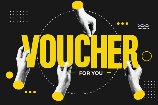 Halftone Pop Art Collage with Multiple Hands Holding Voucher Text. Voucher For You, Special Offer, and Discount Coupon Concept. Retro Vintage Style Banner
