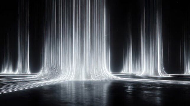 Glowing vertical light columns cascading like waterfalls onto a reflective dark surface, serene and mysterious futuristic atmosphere