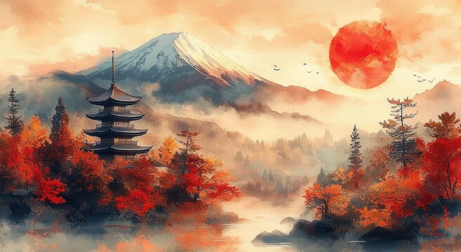 tranquil autumn landscape with a pagoda, snow capped mountain, large red sun, misty lake, colorful trees and birds evoking peace and meditation