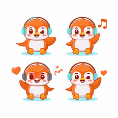 Naklejka premium Set of cartoon orange penguin illustrations winking and listening to music