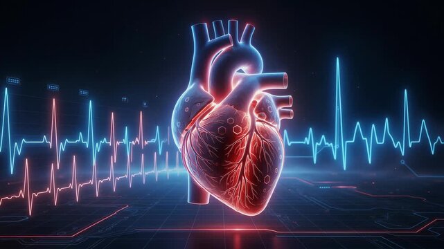 Futuristic human heart glowing with neon blue and red lights pulsating rhythmically in digital animation