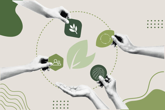 Halftone Pop Art Collage with Hands Holding Eco Icons, Leaf, Globe and Community. Green Sustainability, Environment and Climate Action Concept. Retro Vintage Style Banner