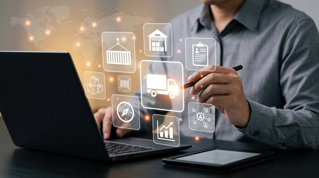Supply chain, global logistics, distribution network concept with digital transport and inventory icons.