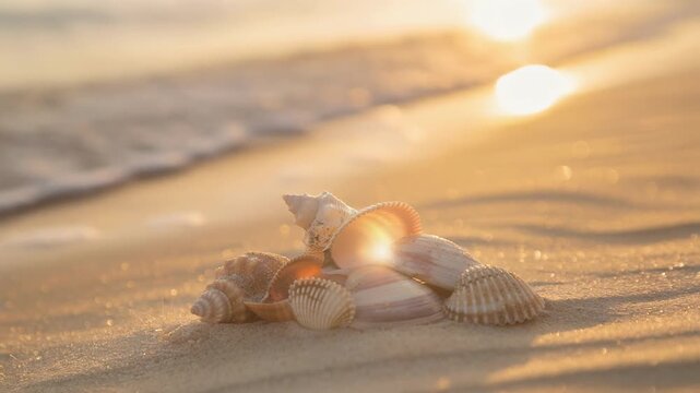 Gentle ocean wave washing over seashells on shimmering sandy beach in peaceful coastal scenery
