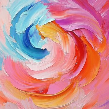 Swirling multicolored oil paint brushstrokes in thick impasto spiral of pink, orange, red and blue conveying joyful, energetic motion and vibrant texture