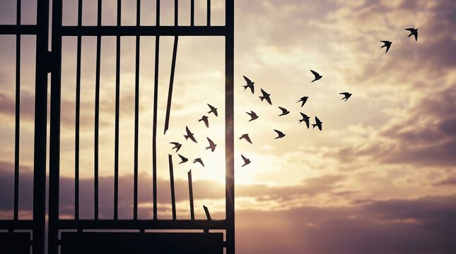 Freedom, opportunity, escape concept with broken gate and birds flying into sunset sky.