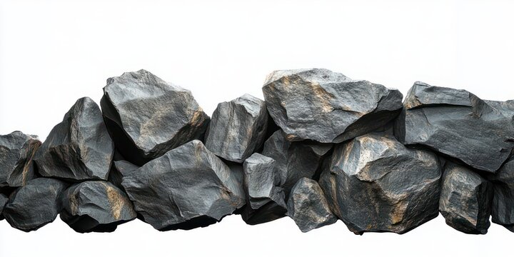 row of large jagged dark gray boulders forming a rugged stone barrier on a white background, textured faces casting deep shadows and evoking austere strength and isolation