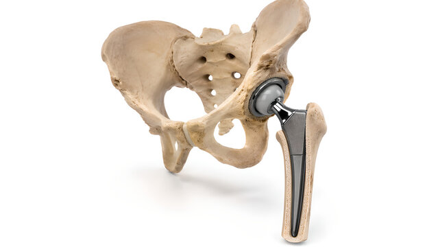 Total hip replacement prosthesis in pelvis and proximal femur, photorealistic medical education image showing femoral stem implant for orthopedic healthcare, radiology, and patient education use