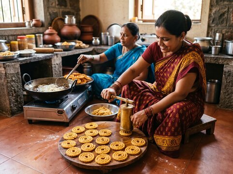 Smiling Indian women shaping chakli dough with a brass press while another deep fries snacks in a traditional rustic kitchen