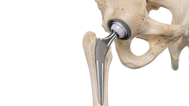 Total hip replacement prosthesis in pelvis and proximal femur, photorealistic medical education image showing femoral stem implant for orthopedic healthcare, radiology, and patient education use