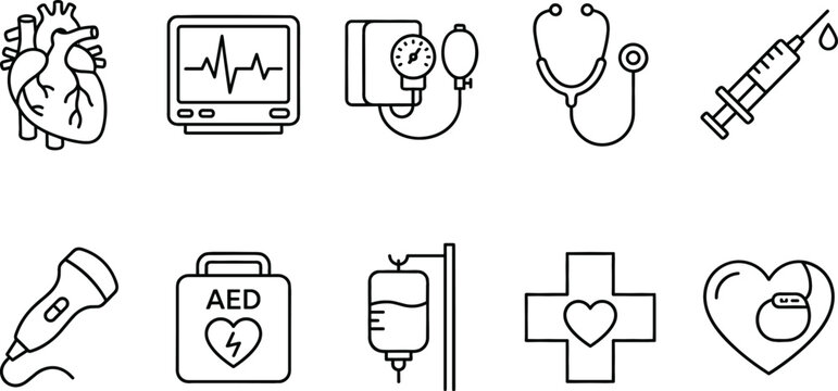 Cardiology and medical healthcare line icon set featuring human heart stethoscope syringe ultrasound monitor AED isolated on white background