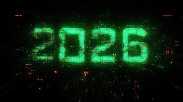 Glowing pixelated green 2025 digits bursting into particles and light streaks in a dark futuristic cyber display, energetic and intense