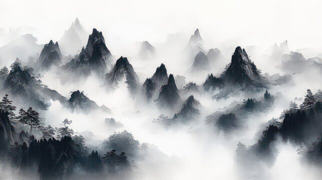 monochrome misty mountain range with jagged peaks and pine trees emerging from swirling fog, evoking serene solitude and timeless calm