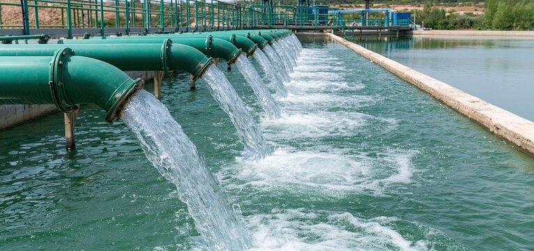 A reservoir receiving purified water through green pipes at an industrial water treatment plant focused on sustainability.