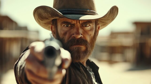 Close-up of a cowboy wearing a wide brim hat pointing a revolver at the viewer in a dusty sunlit western town, tense confrontational standoff mood
