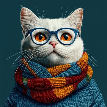 fluffy white cat wearing a chunky blue sweater and a colorful red yellow and blue knitted scarf, ears and whiskers visible, face obscured by a blurred square, cozy warm mood