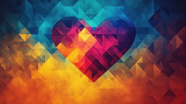 Vibrant geometric heart formed by colorful triangular mosaic against a glowing blue and orange textured background, conveying warmth, energy and uplifting emotion