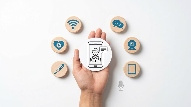 Telemedicine app, mobile healthcare, digital health concept with hand holding smartphone and medical icons.