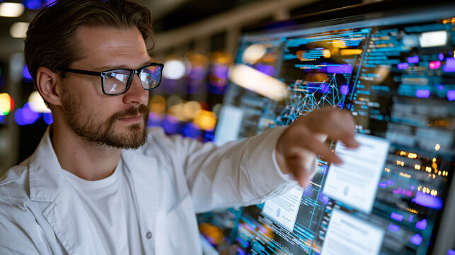 Blockchain verification engineer tracing supply chain data nodes on transparent touchscreen display mounted in server room, authentication certificates populating across interface, focused posture, 