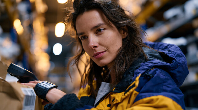 Candid unposed moment of night shift warehouse picker selecting shelf item using wrist mounted scanner in dim aisle lighting, concentration visible on face, shadows stretching between towering stora