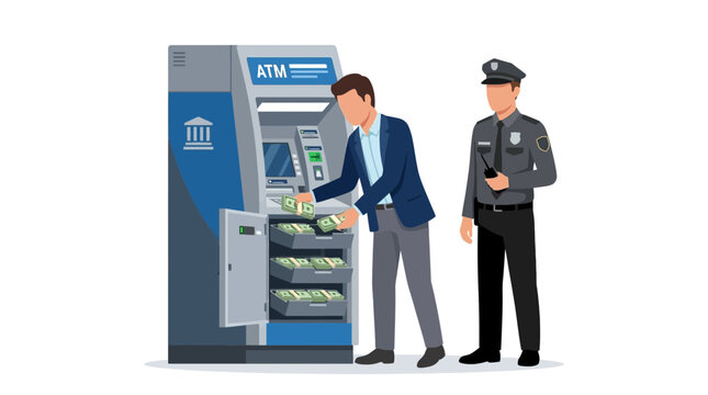 Man withdraws money from ATM guarded by security guard, illustration