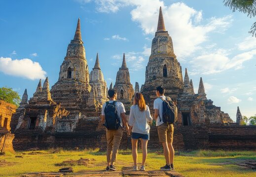 Three travelers with backpacks stand together facing ancient brick temple spires under a bright blue sky, feeling awe and wonder