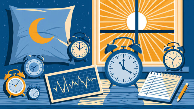 Flat vector illustration of sleep tracking concept with pillow, alarm clocks, calendar schedule, and heart rate monitor.