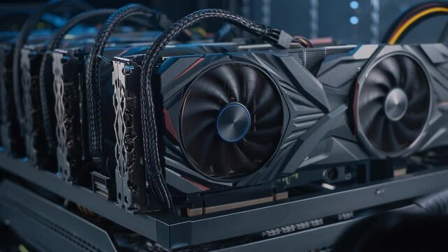 High tech cryptocurrency mining rig with multiple powerful graphics cards running simultaneously