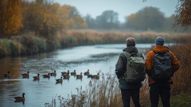 Two people in jackets with backpacks standing on a reed-lined riverbank watching a flock of ducks on a misty autumn morning, calm and contemplative