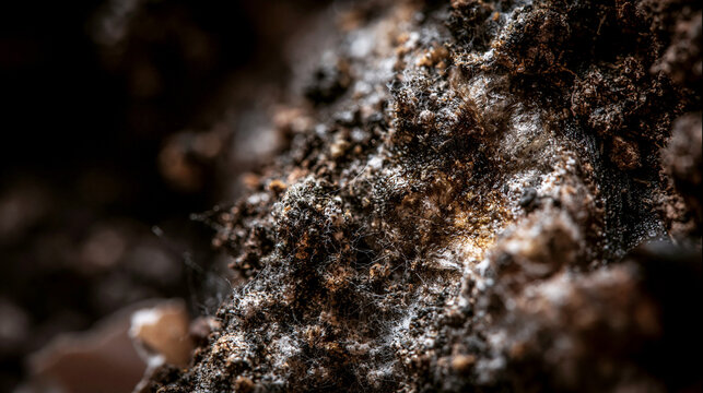 Extreme close up macro shot of active fungal mycelium spores and hyphae growing inside rich black soil.