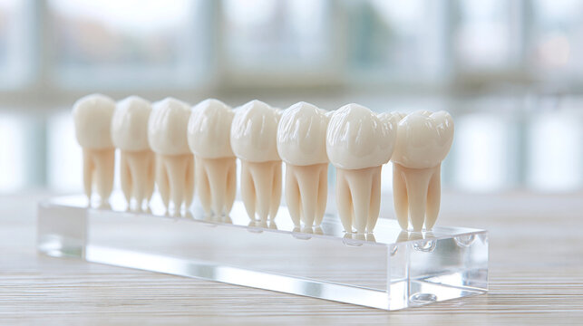 Medical dental model showing a row of white ceramic tooth crowns arranged on a clear acrylic display base.