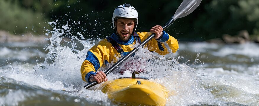 On a rushing river, a solo kayaker maneuvers through fast currents, showcasing vibrant gear and energetic movement.