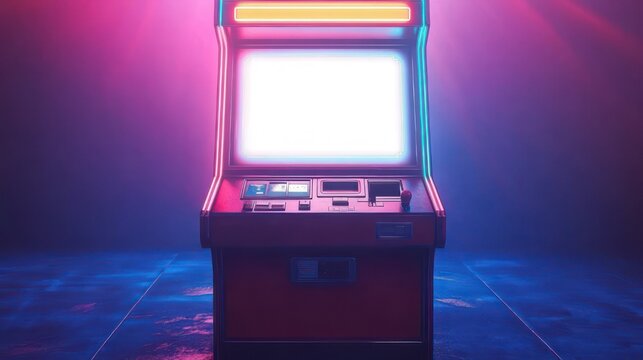 neon-lit retro arcade cabinet with glowing blank screen and joystick in a moody nostalgic atmosphere