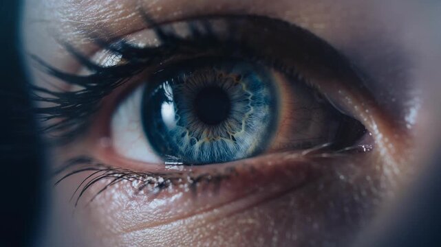 Mesmerizing close up of a blue eye blinking slowly highlighting intricate iris details