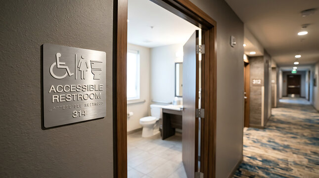 Modern hotel hallway with accessible restroom sign. Luxury corridor featuring disability-friendly bathroom indicator. Upscale hospitality design fo...