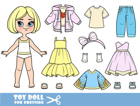 Cartoon blond girl with short bob and clothes separately - yellow dsunresses, jeans, blouse and sandals