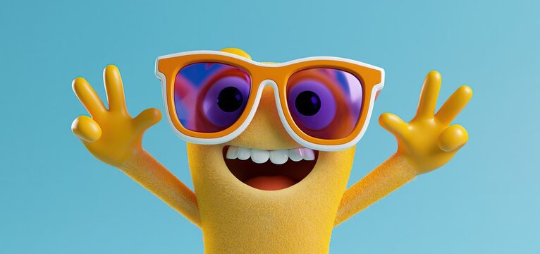 On a bright beach, a lively sunglasses mascot enjoys a sunny vacation, ideal for summer travel ads.