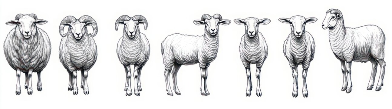 Seven hand-drawn sheep and rams in a row, black and white line illustrations showing front and side views with detailed wool texture and calm neutral expressions