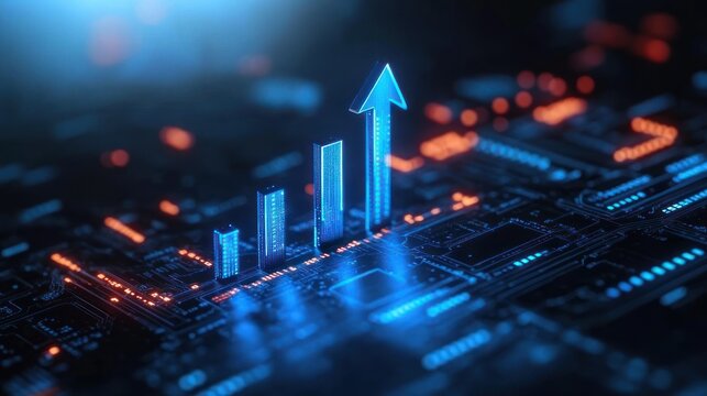 Glowing blue ascending bar chart and arrow rising from a circuit board with orange neon highlights, conveying futuristic optimism and digital growth