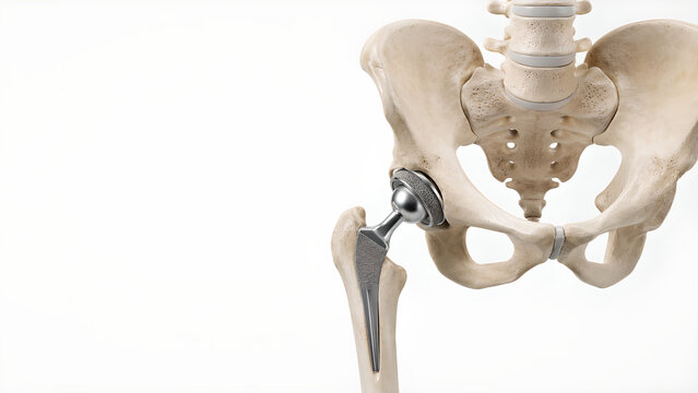 Total hip replacement implant in pelvis and proximal femur, photorealistic 3D medical illustration with metal acetabular cup for orthopedic surgery, healthcare training, and patient education