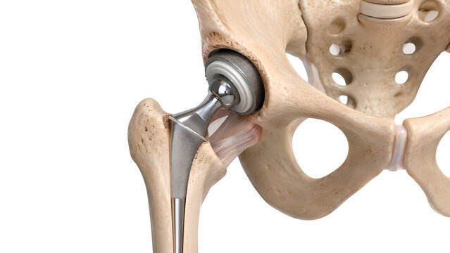 Total hip replacement implant in pelvis and proximal femur, photorealistic 3D medical illustration with metal acetabular cup for orthopedic surgery, healthcare training, and patient education
