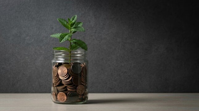 Capital accumulation, savings growth, wealth building concept with coins and plant growing in glass jar.