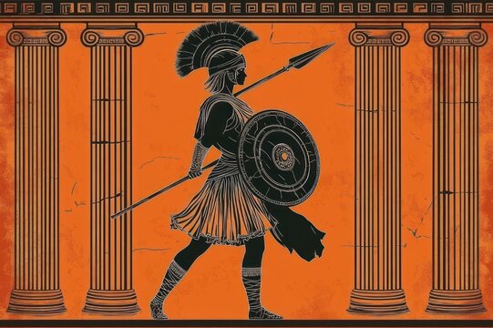 Determined ancient hoplite marching with spear and round shield between classical columns on a textured orange background