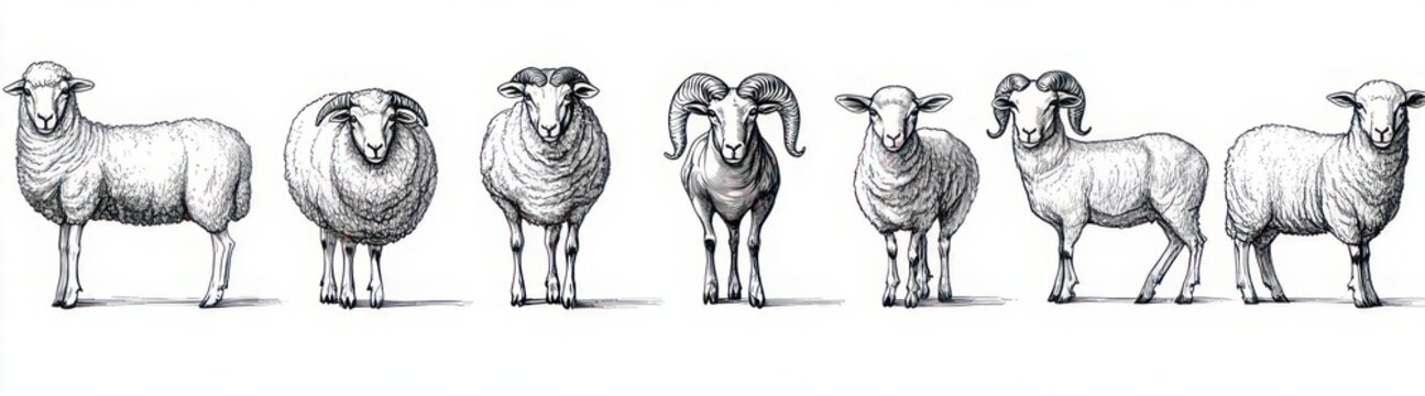 Seven hand-drawn sheep and rams lined up in black ink, detailed wool textures and horns, calm and curious expressions on a clean white background