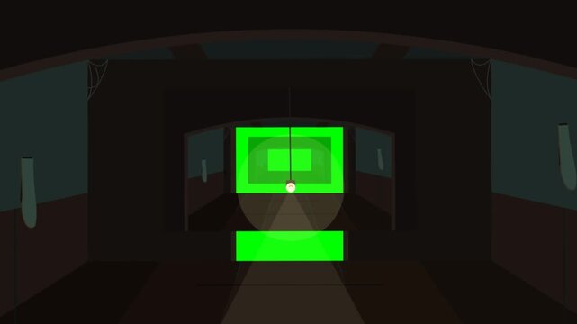 Dark spooky room with green screen windows and hanging light