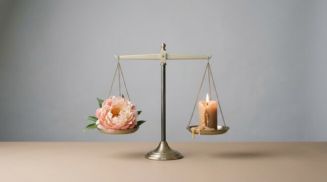 Work life balance, wellness, decision concept with flower and candle on brass scale.