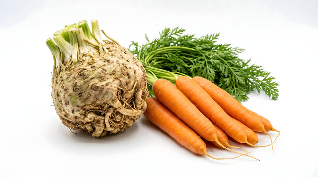 Freshly harvested celeriac and vibrant orange carrots, complete with green tops, displayed on a clean white background, highlighting healthy eating and garden-fresh ingredients